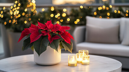 Christmas arrangement with flowers of poinsettia in a ceramic pot on a table in an outdoor seating area