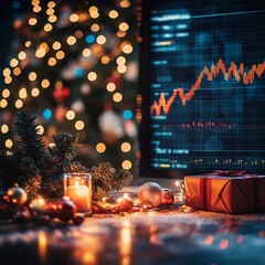 Festive holiday decorations and candlelight contrast with a glowing stock market chart, symbolizing financial growth during the Christmas season.