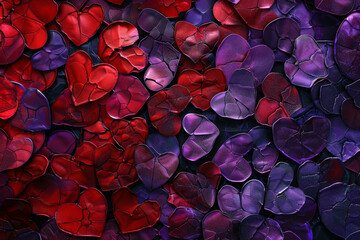 Colorful background of glittery heart shapes various colors. Valentine's Day backdrop. bright array of purple and pink hearts on abstract background. Festive wallpaper for birthday, wedding design.