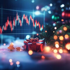 Festive stock market concept: Christmas gift box with red bow and pine branches against blurred financial chart, holiday lights bokeh background.