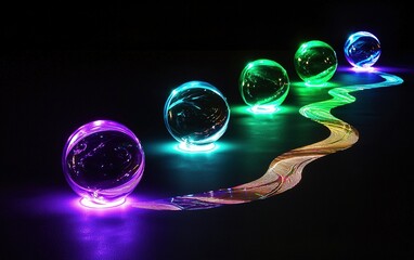 Poster - Colorful illuminated spheres line a dark surface with vibrant light trails in a creative art installation at night