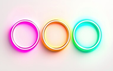 Poster - Colorful glowing circles arranged in a line on a white background showcasing vibrant illumination and simple geometric shapes