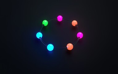Poster - Colorful glowing orbs arranged in a circular pattern on a dark background at night, showcasing vibrant neon hues