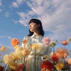 Poster - Flower field, woman posing, beautiful sky.  image by rawpixel.