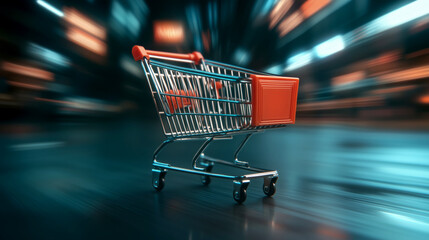 Motion blur of a shopping cart in a vibrant urban setting