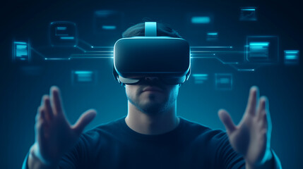  A man wearing a virtual reality headset, with his hands raised in front of him, is surrounded by a flow of virtual data and information