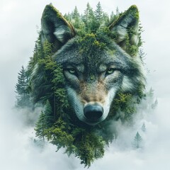  A wolf’s face where the dense foliage of a rainforest merges into its fur, with mist rising from the jungle floor, isolated on white. AR: 3:2. 