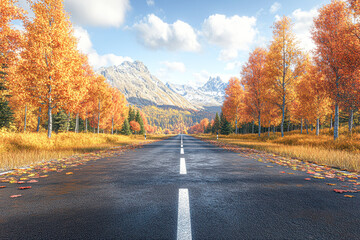 Canvas Print - A road with trees on both sides and a mountain in the background