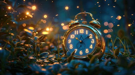 Poster - A golden alarm clock with a blue face and glowing numbers, floating in the air amidst lush green foliage at night, illuminated by twinkling fireflies.