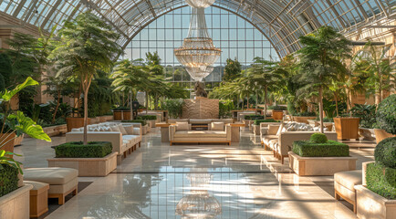 An elegant indoor lounge area with a high, vaulted glass ceiling supported by metal beams, allowing natural light to stream in. The space features multiple large crystal chandeliers hanging.