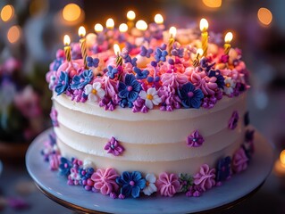 gorgeous birthday cake layered high with vibrant icing and whimsical decorations, lit by soft candlelight, evoking a sense of joy and celebration in a festive atmosphere