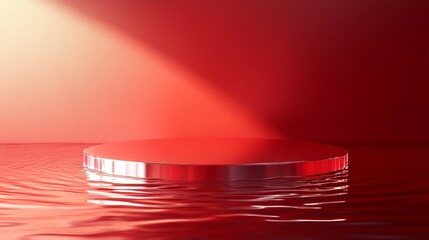 Wall Mural - a silver platform sits on a red, rippling surface with sunlight streaming in from the top left.