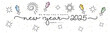 © simbos - Happy new year 2025 party line design handwritten typography lettering. 2025 celebration with big fireworks and confetti on a white background