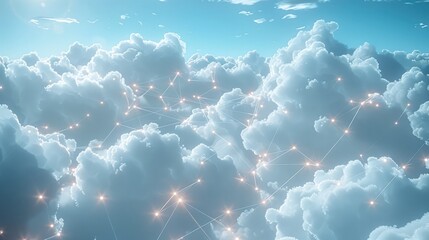 Leinwandbilder - A digital concept of cloud computing, with white clouds floating in a clear blue sky, all connected by glowing network cables. The cables stretch between the clouds.