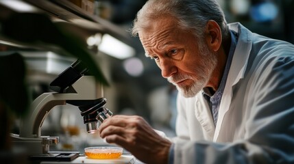 Poster - Senior Scientist Examining Sample Under Microscope