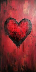 This artwork features a large red heart prominently painted on a vibrant red backdrop. The heart black edges and dripping paint add depth and intensity, creating a striking visual impact that conveys 