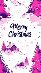 Wall Mural - house and trees are drawn on this christmas card