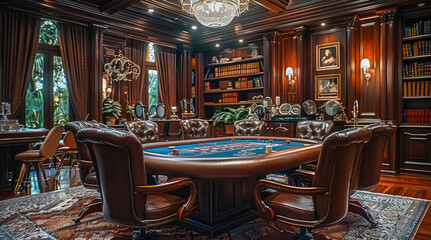 High-end poker room in a luxurious 4-story European-style mansion. The room has dark, wood-paneled walls made from rich mahogany.