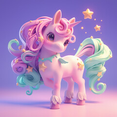 Poster - A cute cartoon unicorn with a pink mane and blue tail. The unicorn is standing in front of a blue background with stars