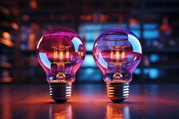 Aufkleber - Two Illuminated Light Bulbs with Purple Glass Reflecting Warm Light