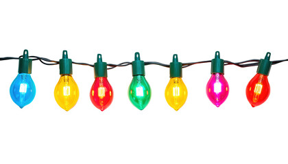 Wall Mural - a string of colorful christmas lights with bulbs lit up in red, green, blue, and yellow isolated on 