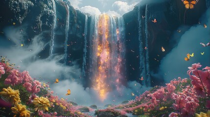 Poster - Futuristic, magic Lava and waterfall. nature in the Background with clouds, flowers, butterflies and birds.
