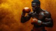 © GenerativeStudio - An African male boxer prepares for a match, showcasing his muscles and determination against a dramatic orange background filled with dust.