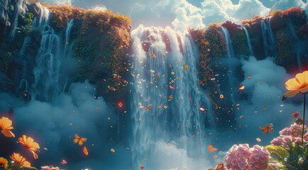 Poster - Futuristic, magic Lava and waterfall. nature in the Background with clouds, flowers, butterflies and birds.