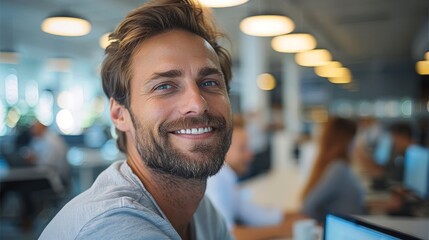 Aufkleber - A happy man who works in a modern office, there are other workers nearby.