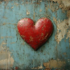 A vibrant red heart rests prominently against a weathered blue wooden surface, showcasing a blend of textures and colors.