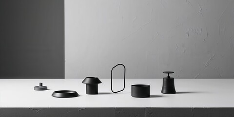 Poster - Minimalist black objects on a white surface, perfect for modern interior design.