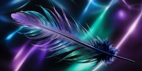 Wall Mural - Single feather with colorful neon light background.