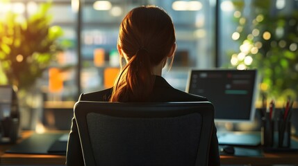 Poster - A woman sits at a desk in an office, illuminated by natural light from large windows.