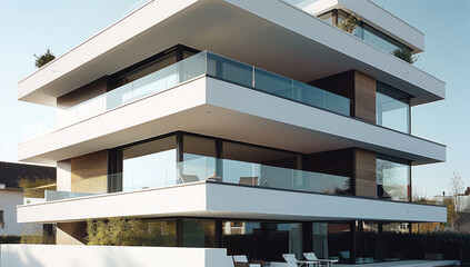 Wall Mural - A modern three story residential building with white cantilever volumes.