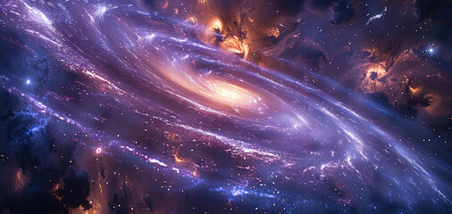 Aufkleber - A vast, cosmic unfolds with swirling nebulae in deep purples and blues, dotted with countless stars that twinkle faintly. At the center, a massive, swirling galaxy slowly rotates.