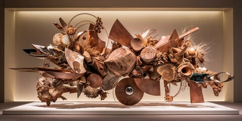 Wall Mural - Abstract sculpture made of wood, metal, and other materials.