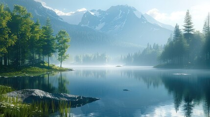 Poster - A quiet, serene landscape, early morning light, a mountain, or a peaceful lakeside.