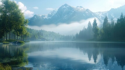 Poster - A quiet, serene landscape, early morning light, a mountain, or a peaceful lakeside.