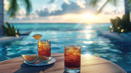 Poster - Tropical beach, poolside with 3 alcoholic beverages on a small circular table. Generative AI.