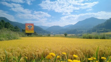 A billboard stands in a field of golden rice, with a mountain range in the background and a bright blue sky.