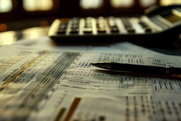 Businessman is analyzing financial data on paper with charts and tables using a calculator and a pen