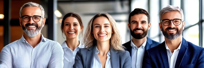 Diverse group of professionals smiling together in a modern office setting