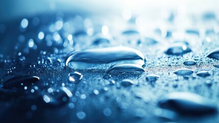 Poster - Close-up of water droplets on a surface, showcasing texture and light reflections.