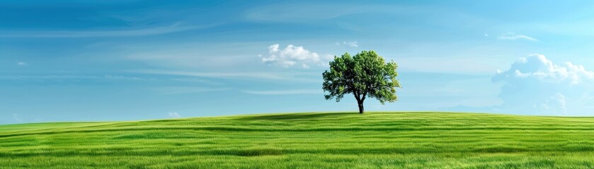 A serene landscape featuring a solitary tree on a grassy hill under a clear blue sky.