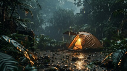 rain on the tent in the forest, tropic, quiet, calm, peaceful, meditation, camping, night, relax