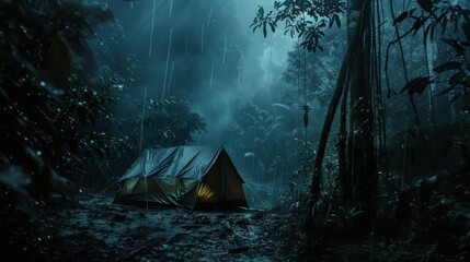 rain on the tent in the forest, tropic, quiet, calm, peaceful, meditation, camping, night, relax