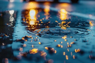 Poster - Water droplet disturbing the reflection of city lights in a puddle