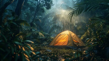 rain on the tent in the forest, tropic, quiet, calm, peaceful, meditation, camping, night, relax