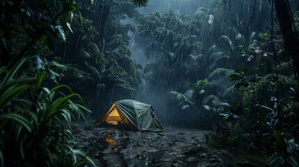 rain on the tent in the forest, tropic, quiet, calm, peaceful, meditation, camping, night, relax