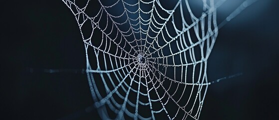 Fragile Passage of Time: Macro Shot of Delicate Spider Web Glistening with Dew in a Dark Corner
